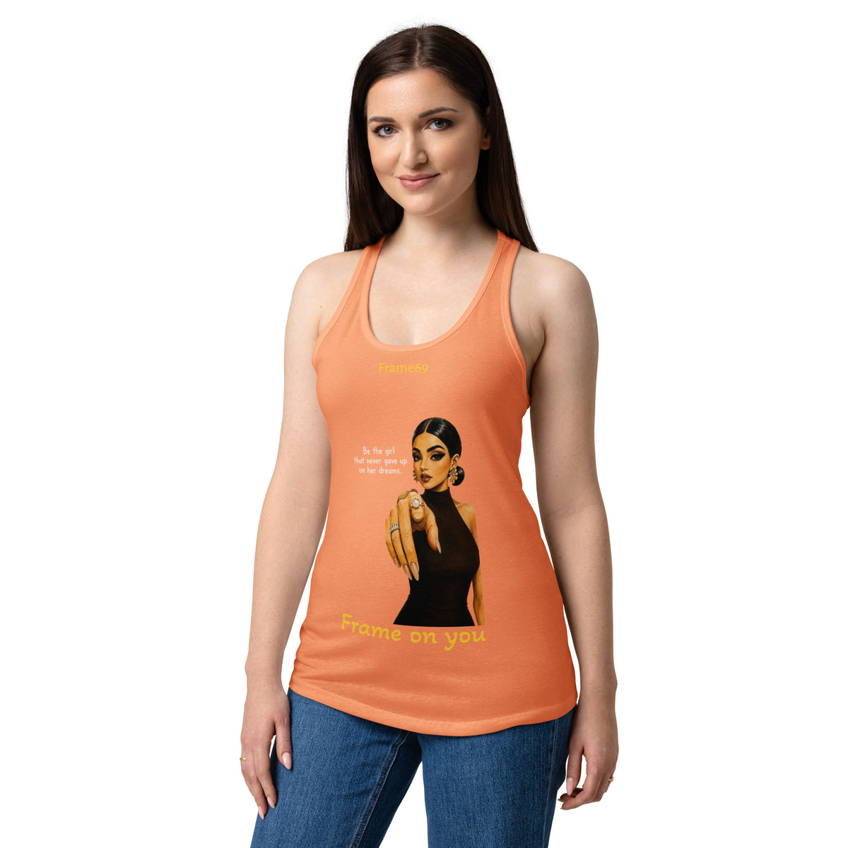 Light orange racerback tank top with front graphic print and scoop neckline