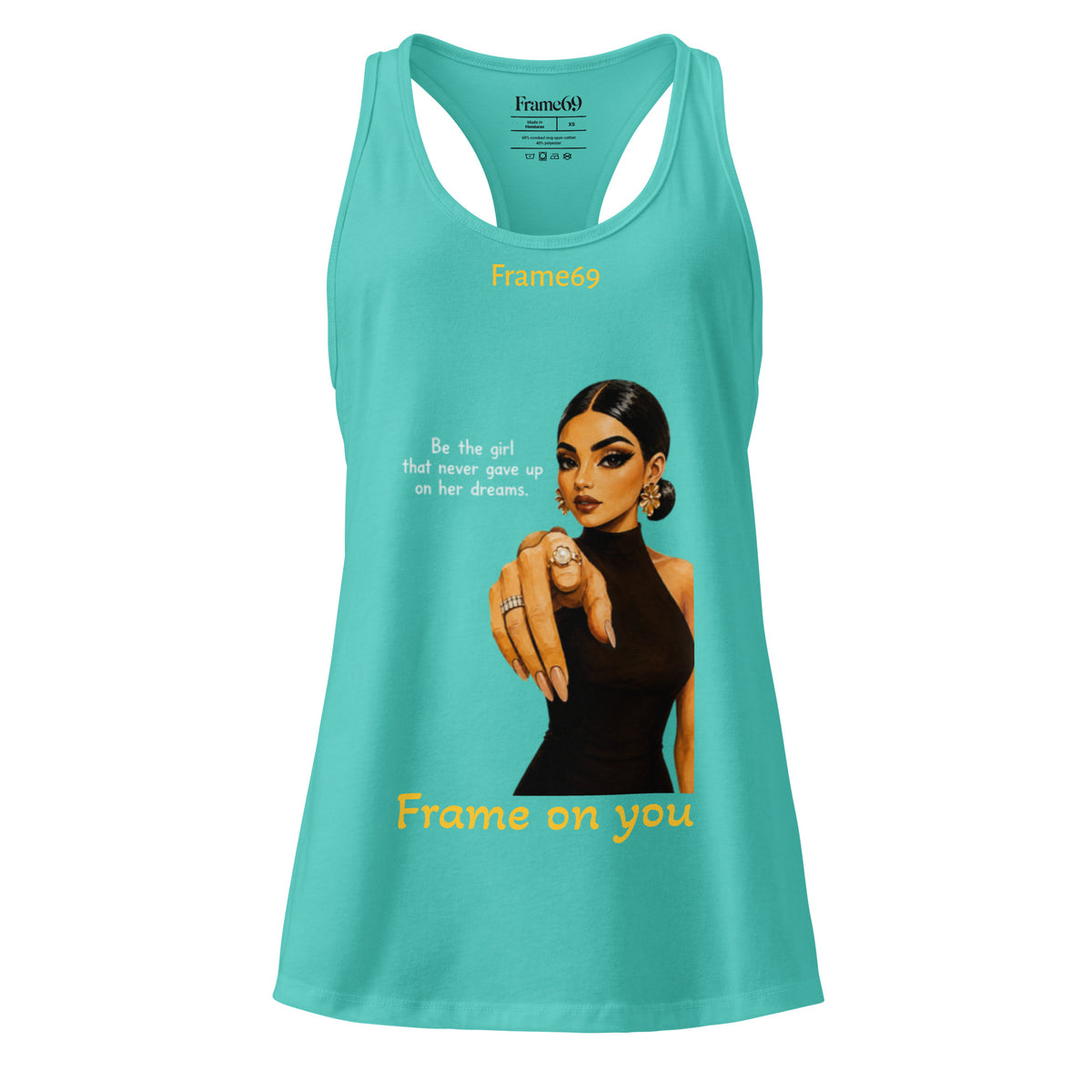 Tahiti blue racerback tank top with front portrait graphic and yellow text