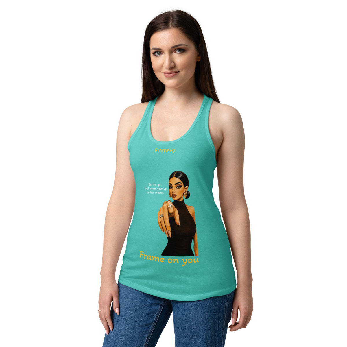 Teal racerback tank top with graphic front and scoop neckline
