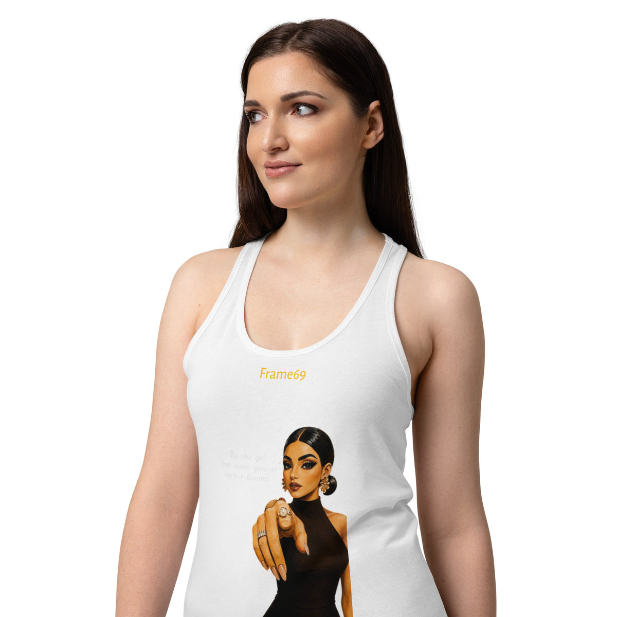 White racerback tank top with scoop neck and front graphic print
