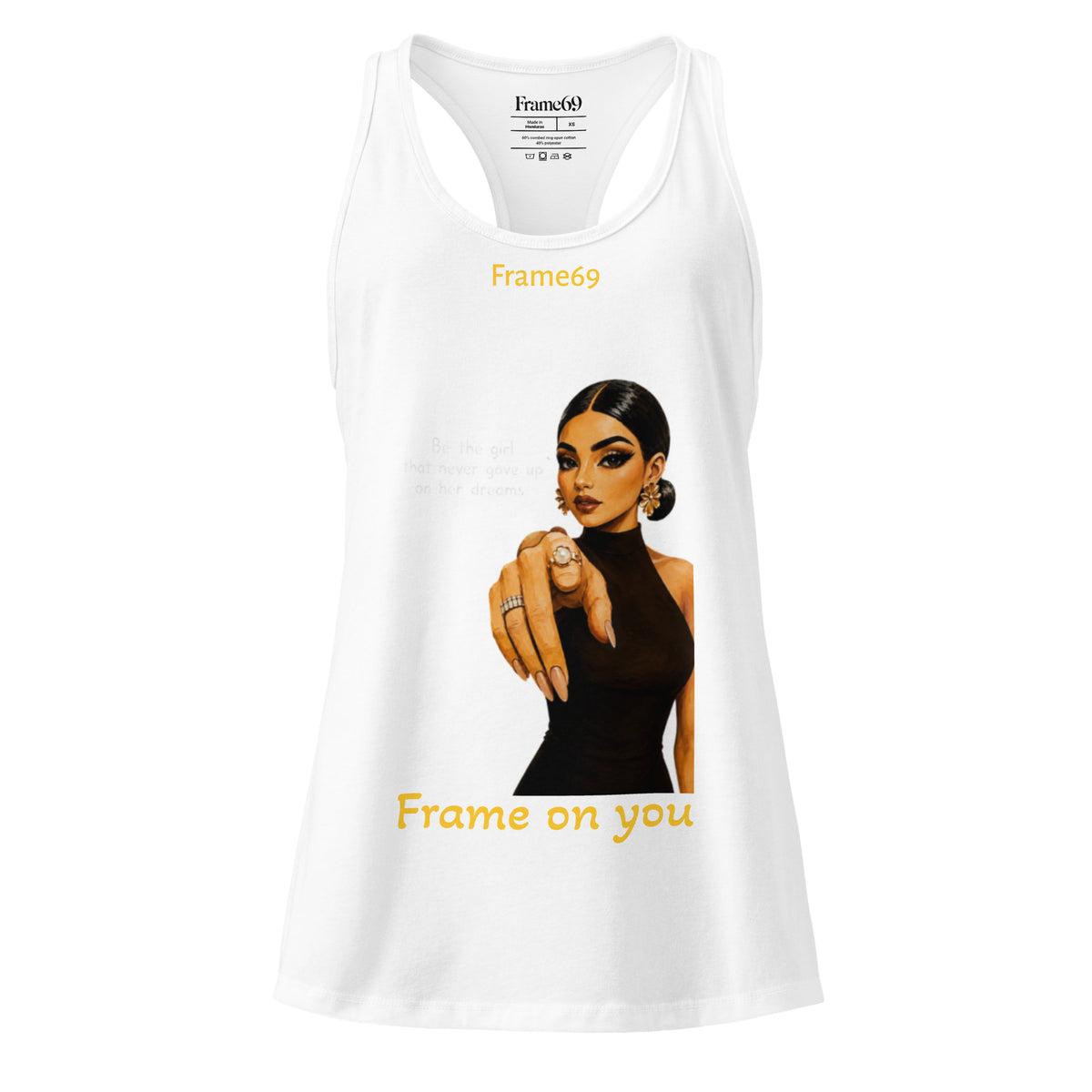 White racerback tank top with front portrait graphic and yellow text