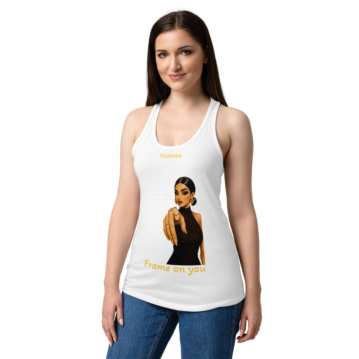 White racerback tank top with graphic front and scoop neckline