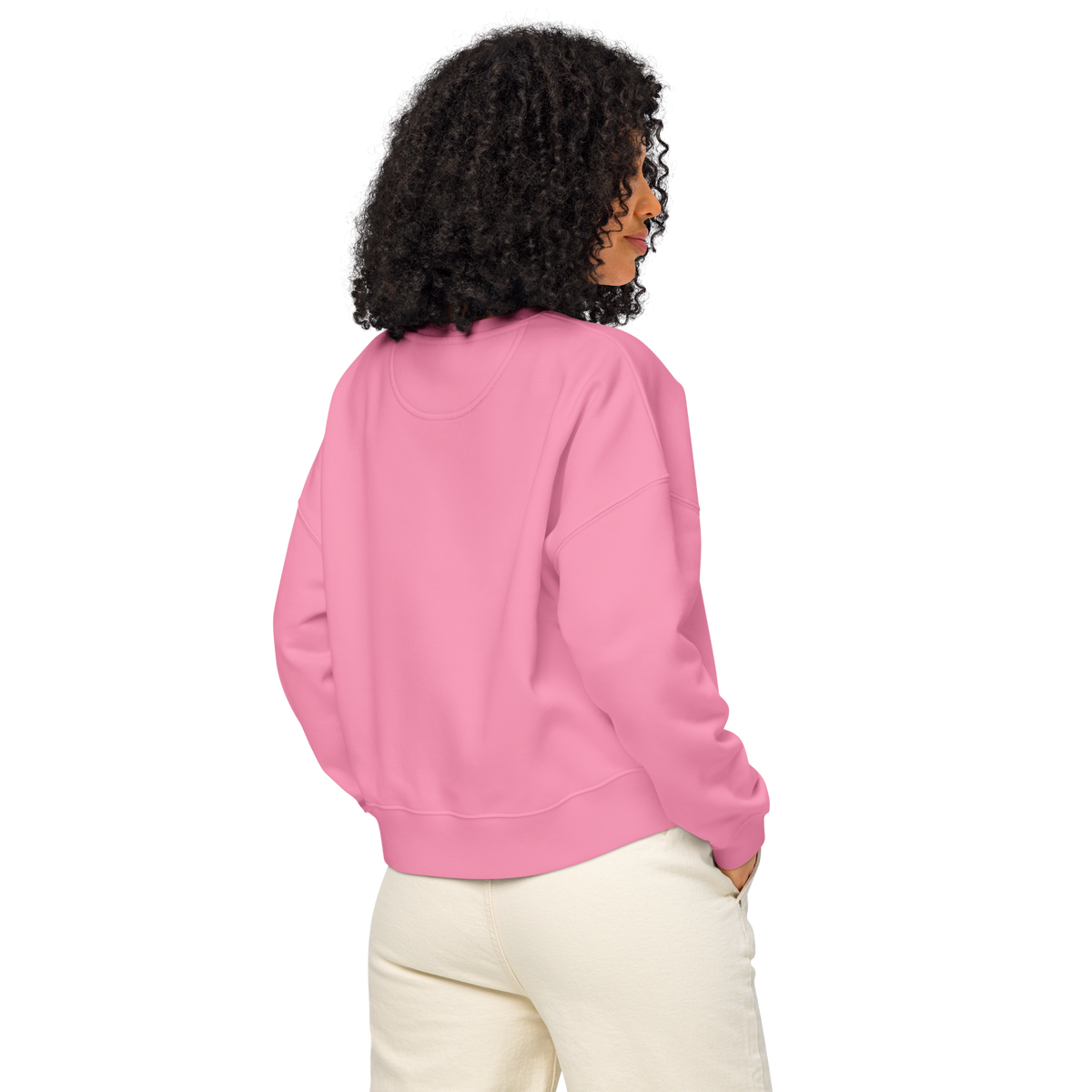 Bubble pink crew sweatshirt, long sleeves with ribbed crew neck, shown from back