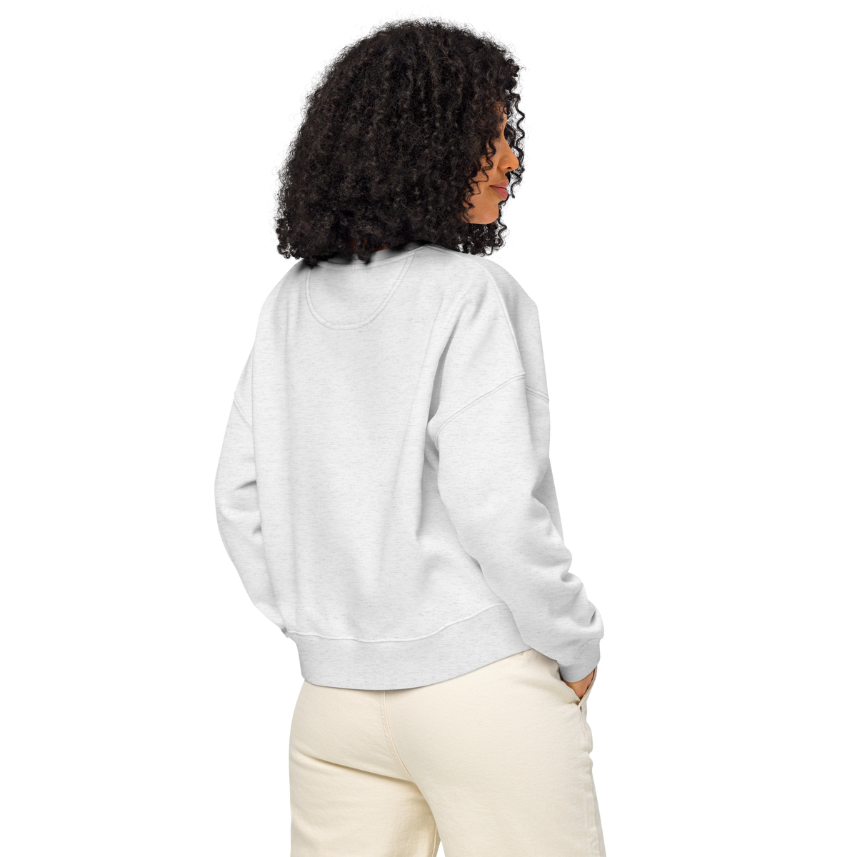 Cool heather grey crew sweatshirt, long sleeves with ribbed crew neck, shown from back