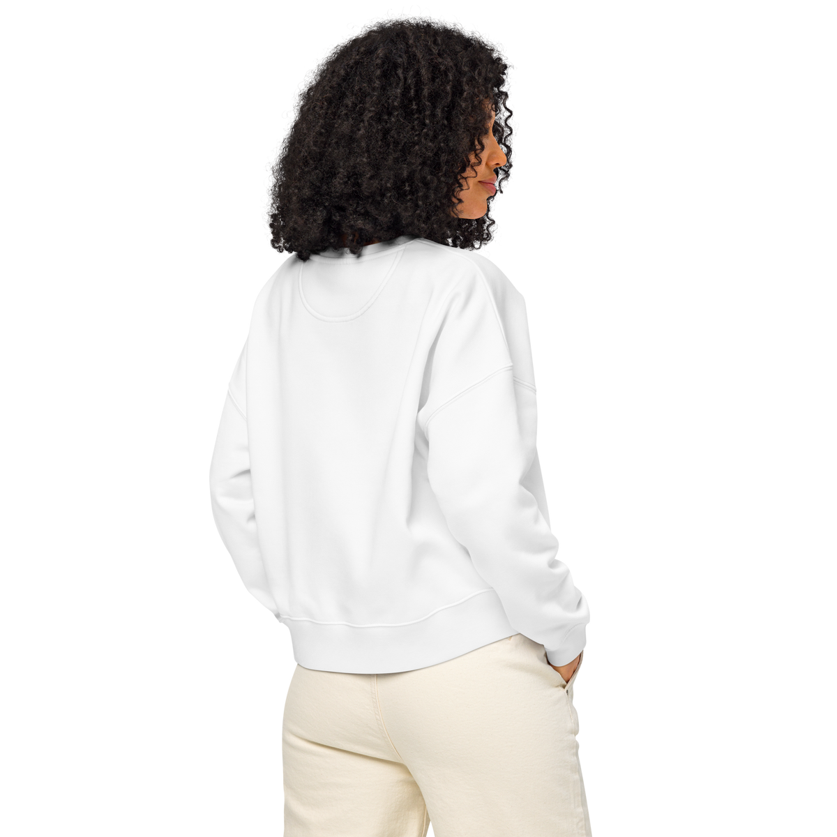 White crew sweatshirt, long sleeves with ribbed crew neck, shown from back