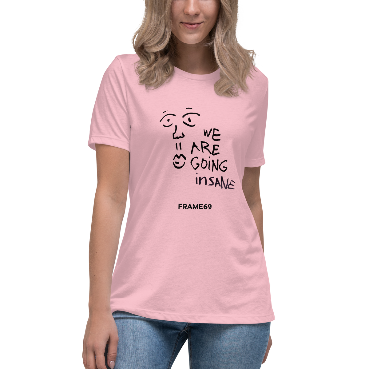 Heather mauve women's graphic tee with 'WE ARE GOING INSANE' face print