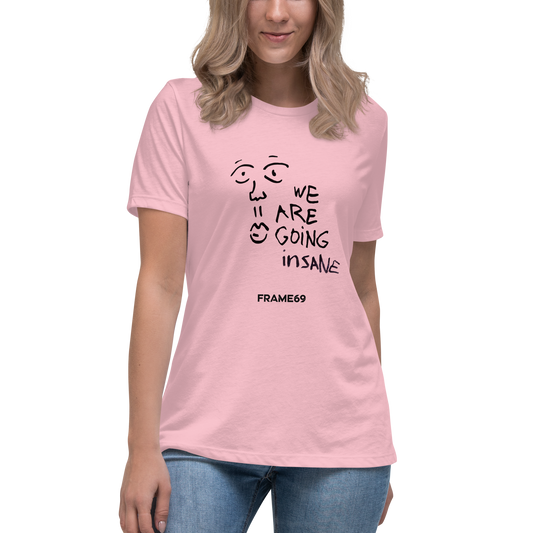 Heather mauve women's graphic tee with 'WE ARE GOING INSANE' face print
