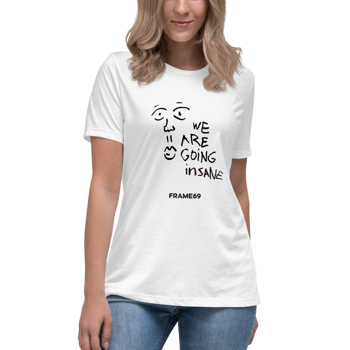 White women's graphic tee with 'WE ARE GOING INSANE' face print